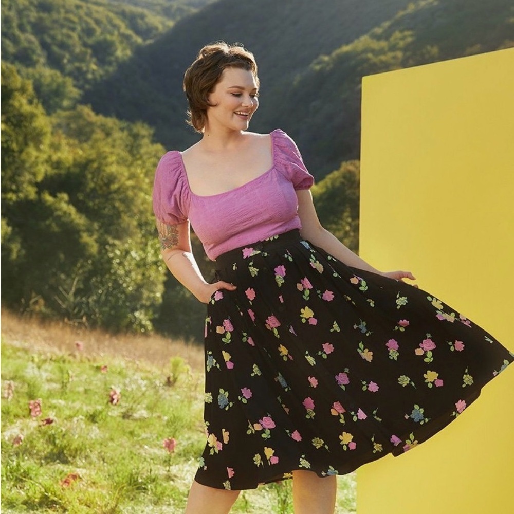 Modcloth Black Midi Skirt with Pink and Green Floral Print